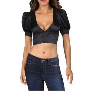 Danielle Bernstein Womens Satin Puff Sleeves Shirt Crop